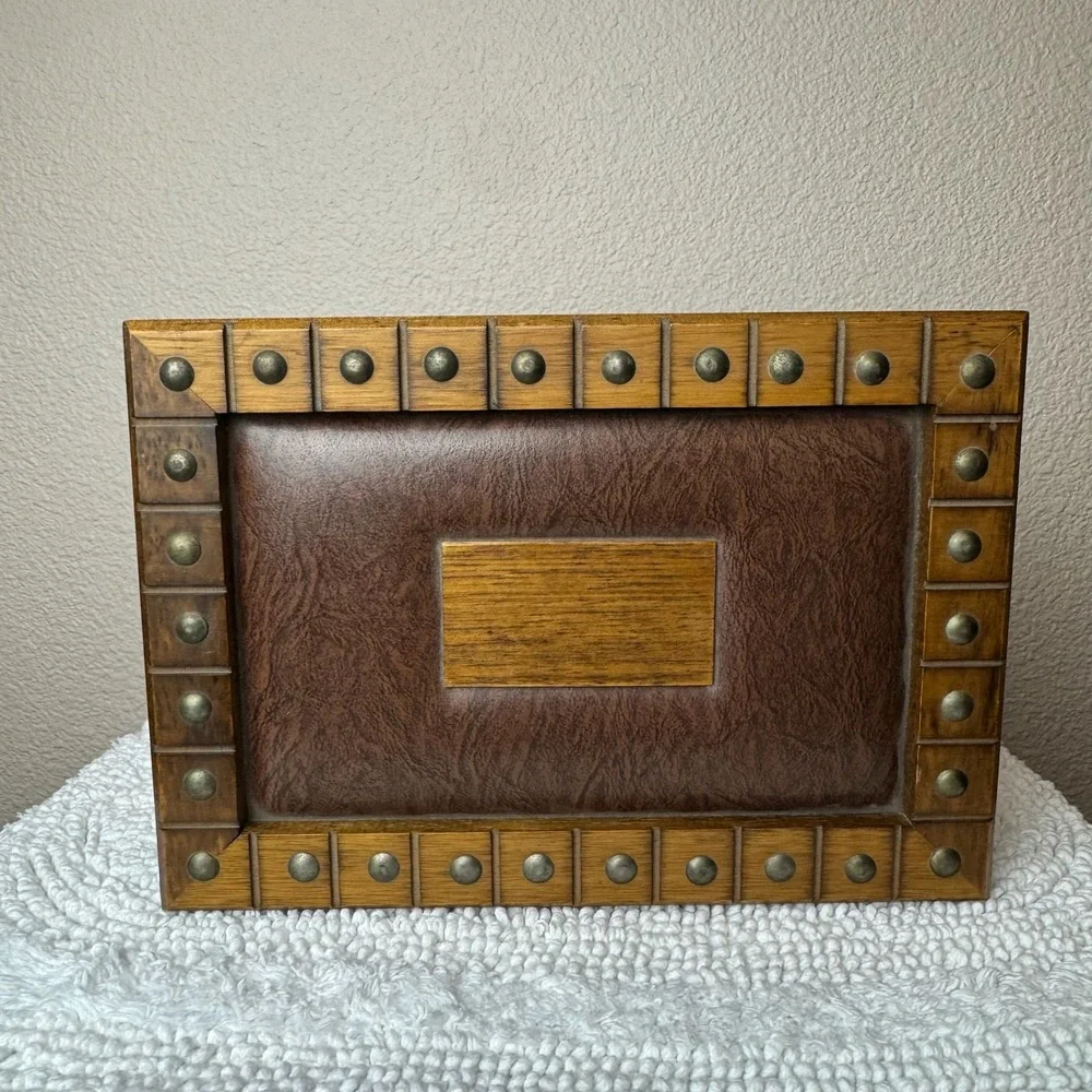 Vintage Wood Jewelry Box Brown Faux Leather Studded Valet Organizer MCM
